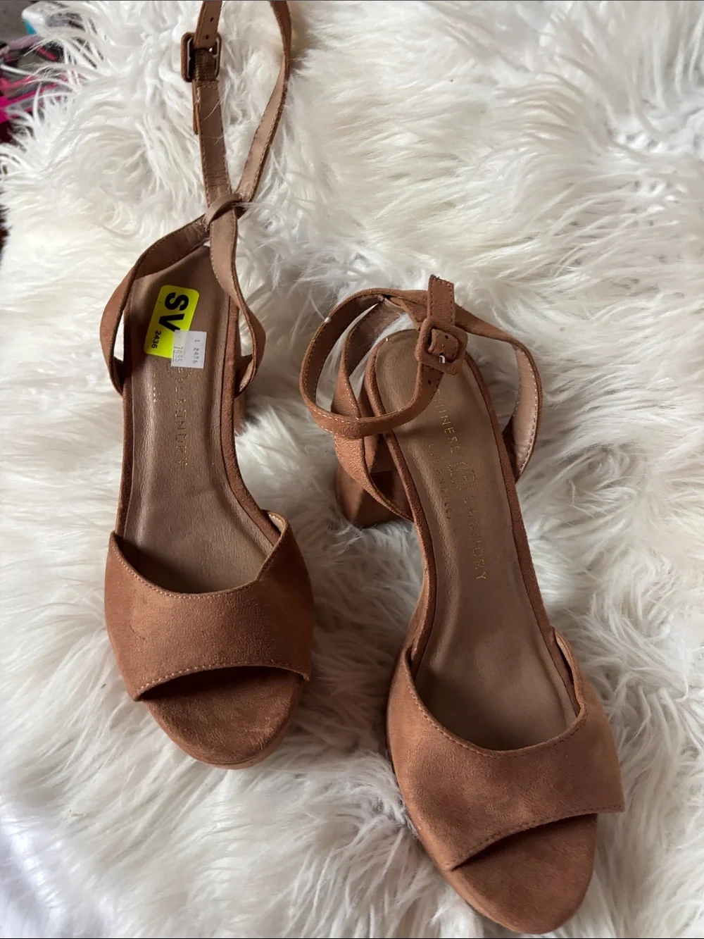 Chinese Laundry Tan Suede Platform Peep-Toe Block Heels Size 8.5